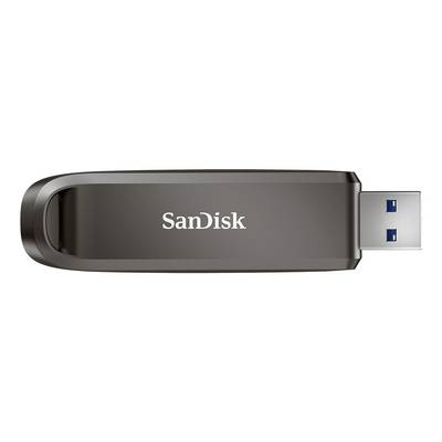 SanDisk USB flash disk s bez krytky posuvným USB konektorem, zobrazený v bočním pohledu na bílém pozadí.