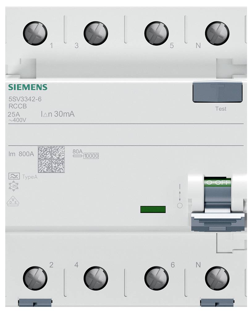 Zbytkovací proudový chránič Siemens (RCCB) se šesti svorkami a pákou ON/OFF, označený 25A a IΔn 30mA.