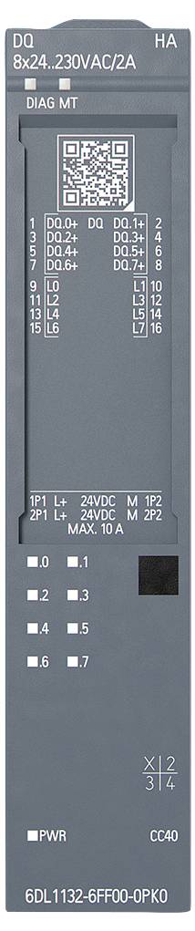 Siemensův PLC I/O modul s označením 6DL1132-6FF00-0PK0, s indikátory DIAG/MT, QR kódem, číslováním svorek a stavovým LED indikátorem PWR.