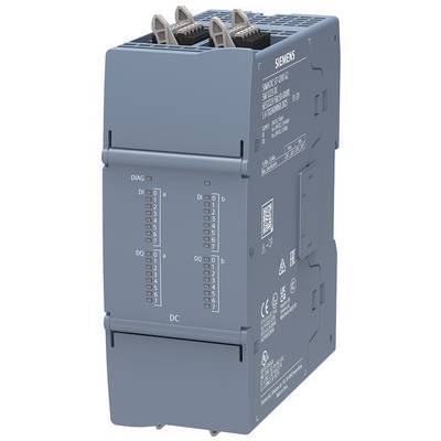 Průmyslový modul Siemens PLC v modrém pouzdře, zobrazený zepředu a ze strany, s více terminálními porty a popisky stavových indikátorů pro DIAG, DI a DQ.
