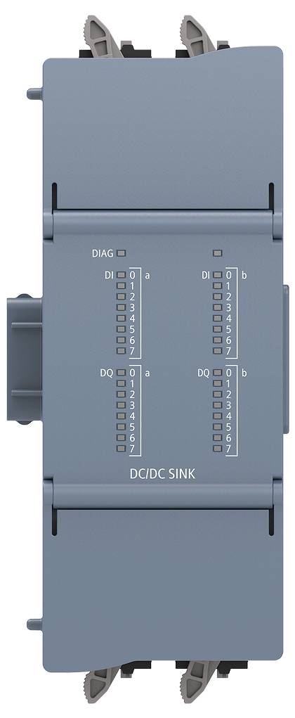 Modrý průmyslový DC/DC modul se zátěží s označenými pásky spínačů a svorkovnicemi na horní a spodní straně.