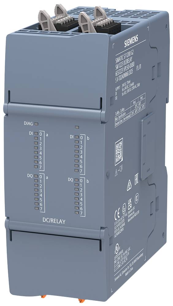 Modul síťového relé Siemens s číslovanými indikačními LED diodami DI a DQ na přední straně a svorkami na horní straně.