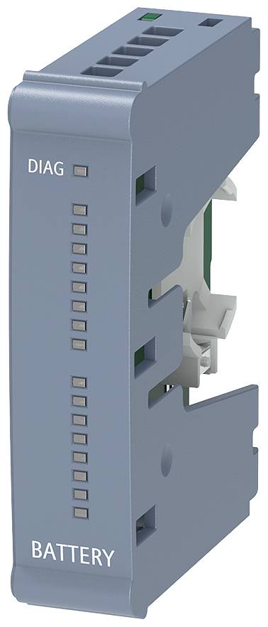 Modul baterie na DIN lištu v modré barvě se štítky "DIAG" a "BATTERY" se stavovými LED diodami, zobrazený v bočním pohledu.