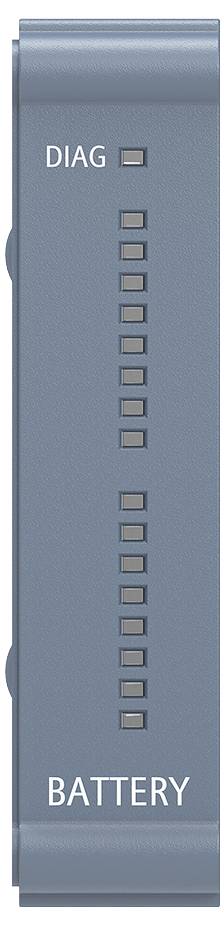 Modrošedý panel zařízení označený DIAG a BATTERY se svislou řadou malých indikačních oken/tlačítek mezi popisky.