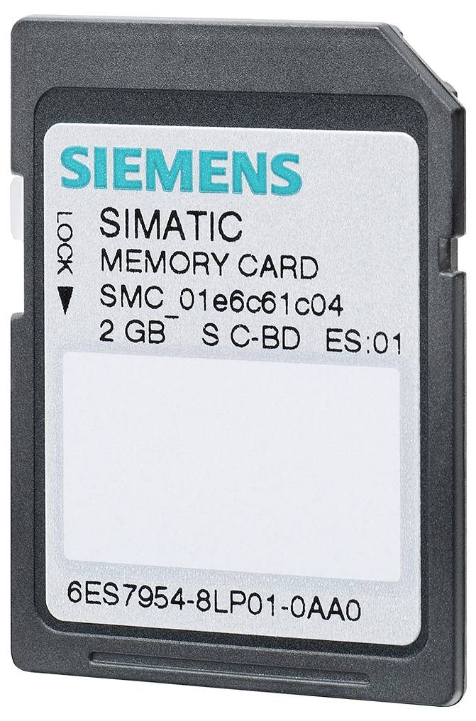 Paměťová karta Siemens SIMATIC, 2 GB, označená "SMC 01e6c61c04" a "6ES7954-8LP01-0AA0".