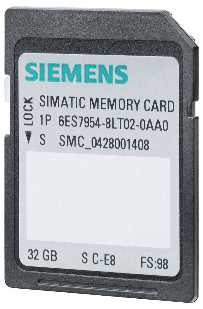 Paměťová karta Siemens SIMATIC označená „32 GB" s číslem modelu 6ES7954-8LT02-0AA0.
