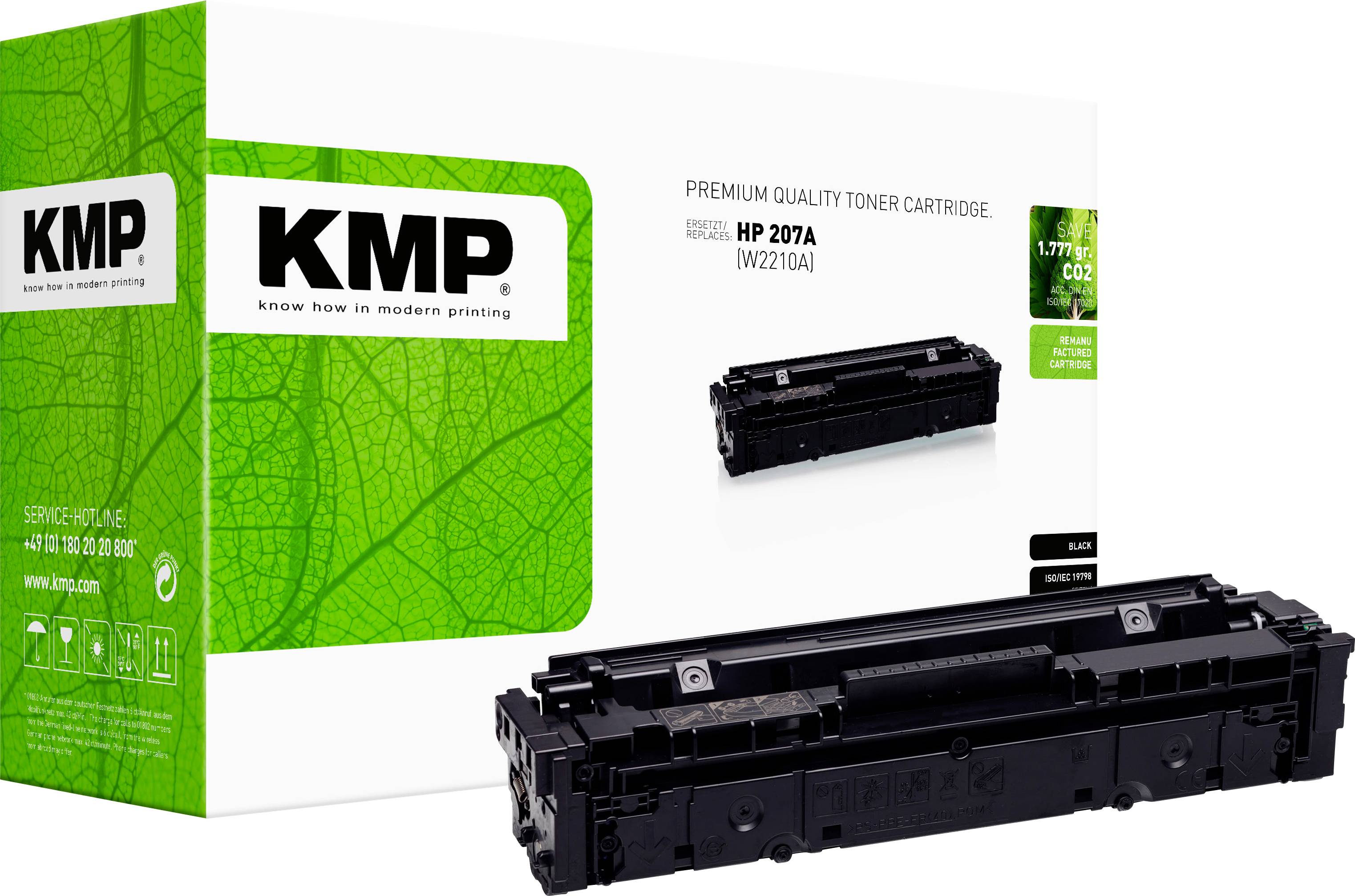 Tonerová kazeta KMP prémiové kvality pro HP 207A/W2210A, zobrazena s krabicí produktu a černou kazetou na bílém pozadí.