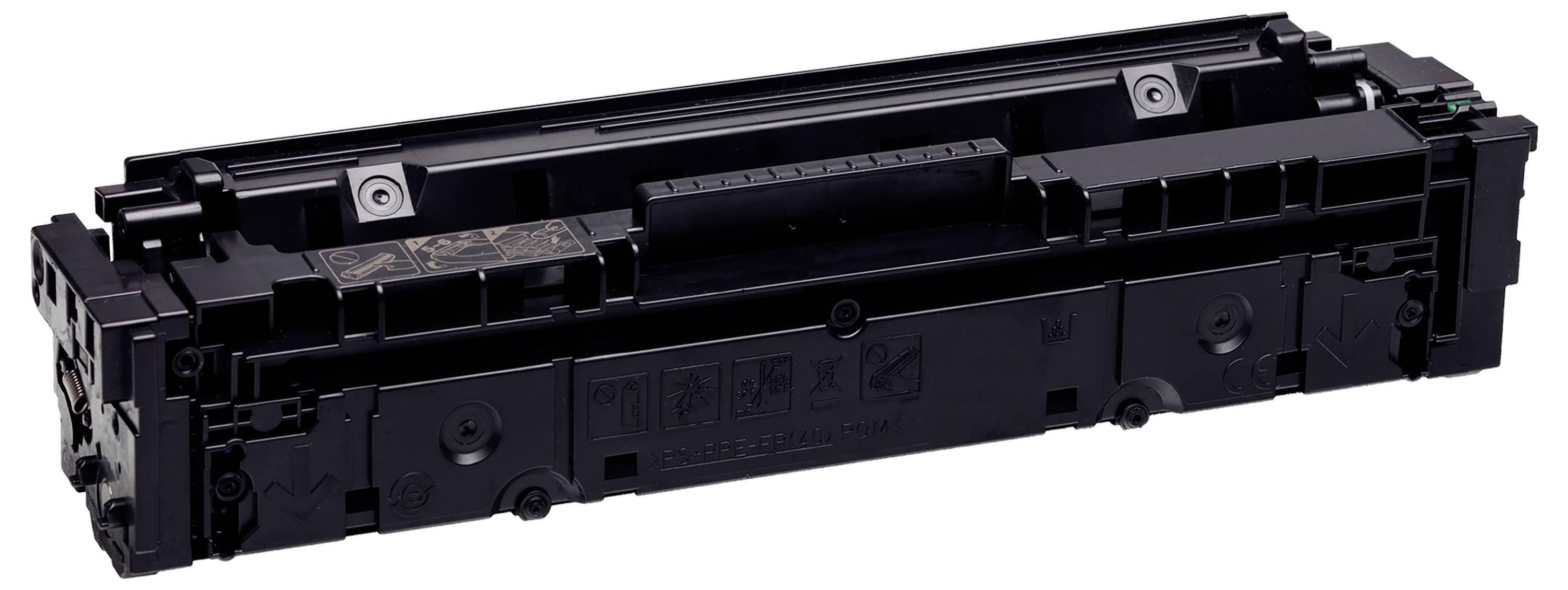 Černý toner do laserové tiskárny zobrazený v bočním pohledu na bílém pozadí.