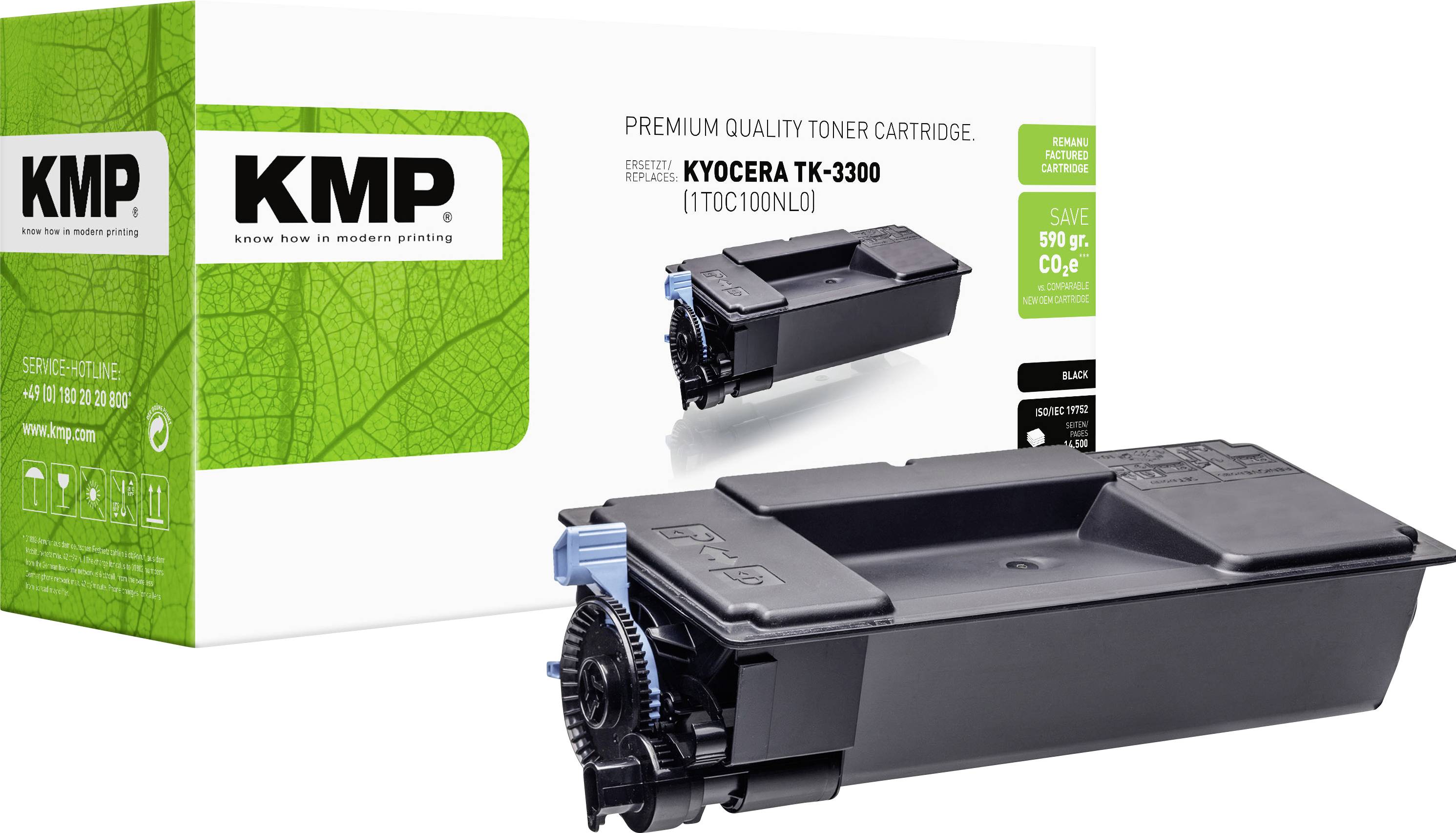KMP prémiová toner kazeta pro Kyocera TK-3300, zobrazující balení černé toner kazety a fotografie produktu na bílém pozadí.