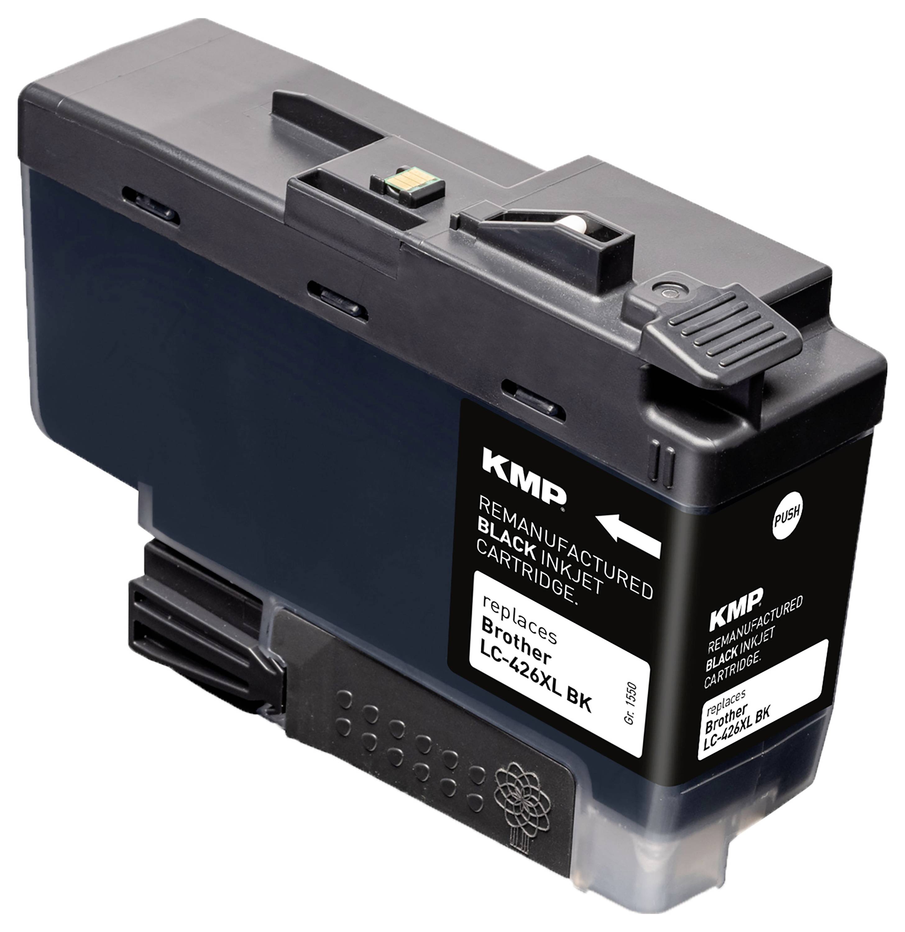 Cartridge s černým inkoustem značky KMP renovovaná, pro Brother LC-426XLBK, zobrazená v tříčtvrtinném pohledu.