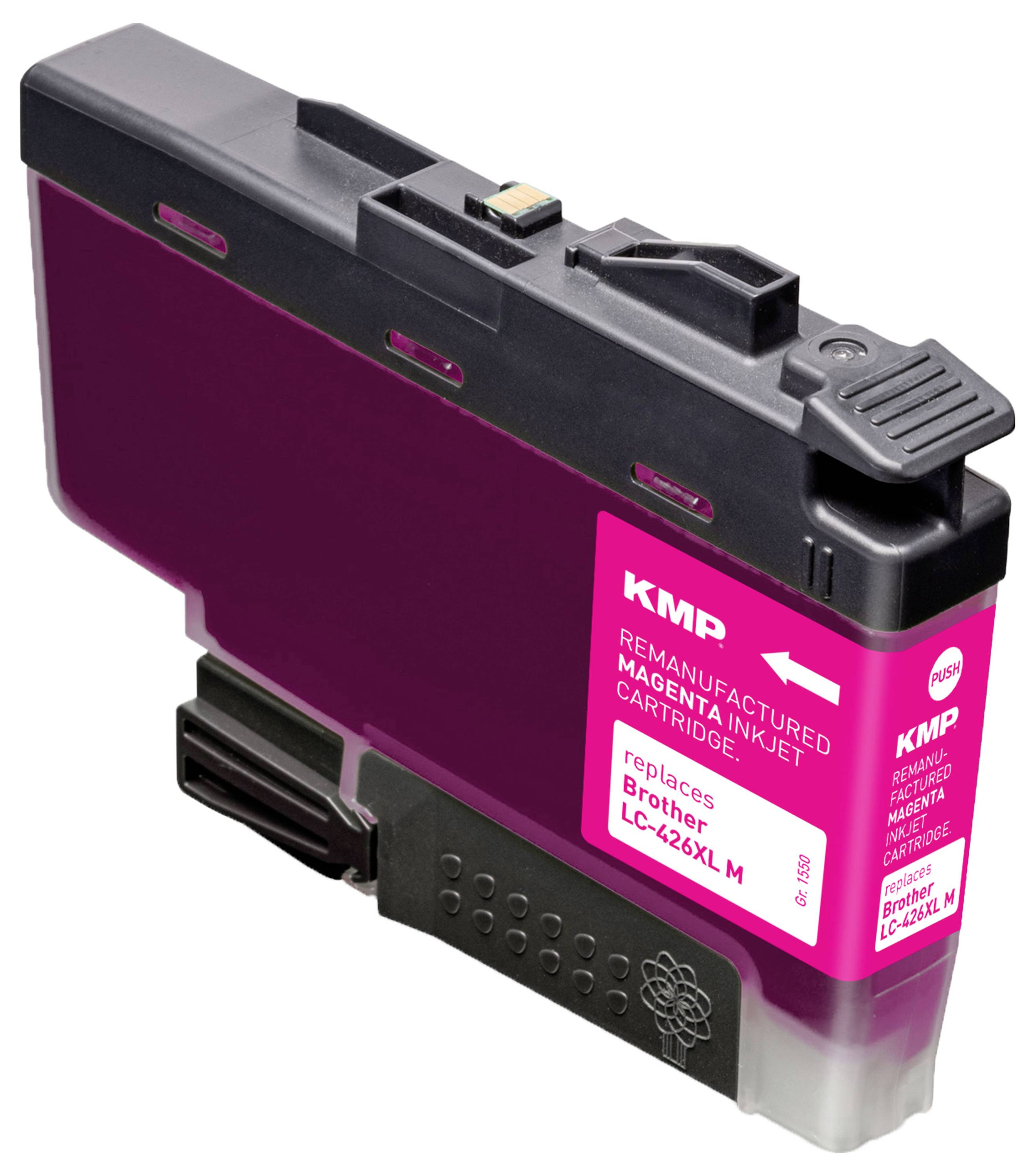 Purpurová renovovaná náplň do inkoustového tiskárny značená „KMP" a „nahrazuje Brother LC-426XL M" na bílém pozadí.