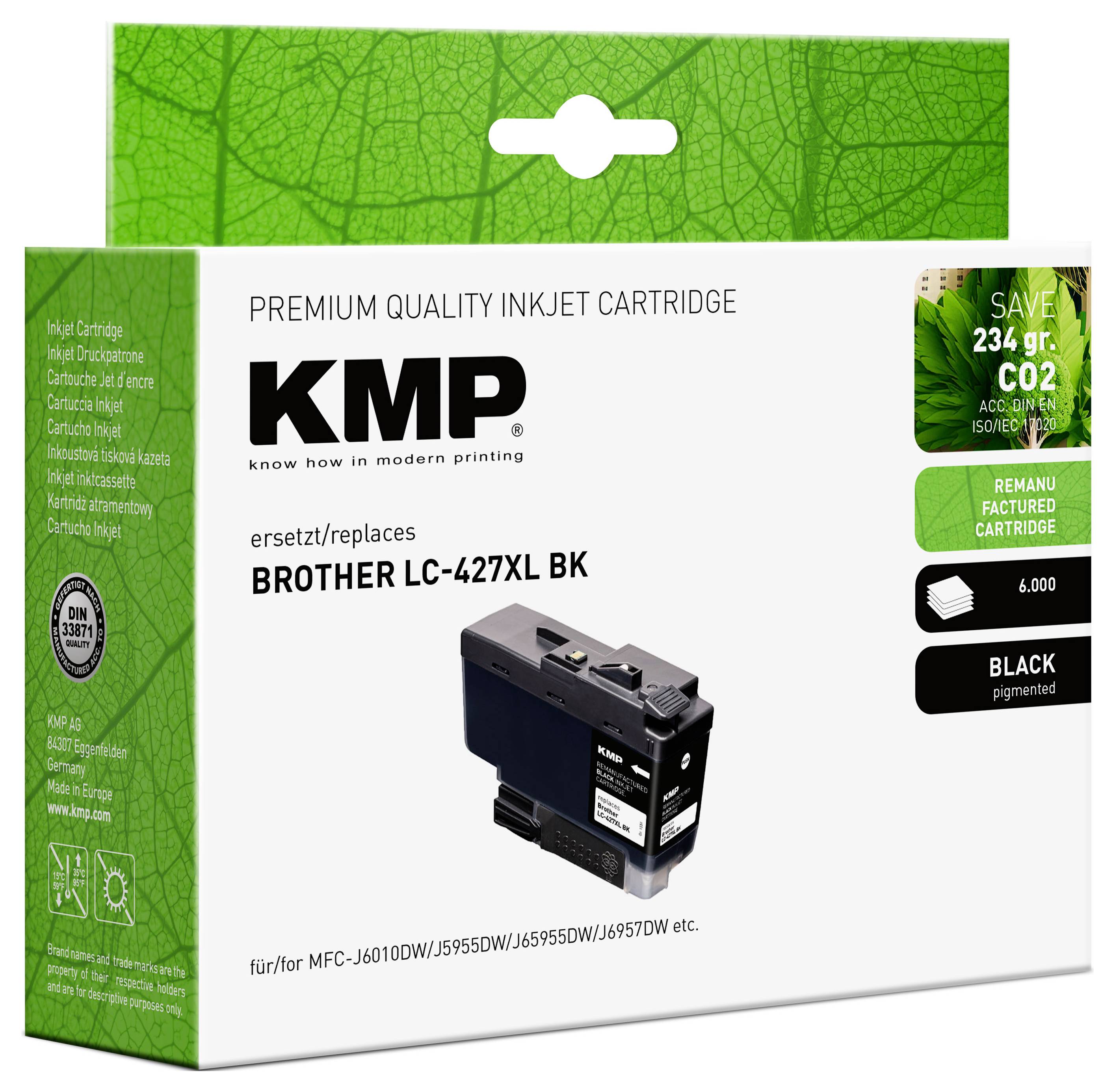 Krabice kvalitního inkoustového kartridže KMP s názvem „BROTHER LC-427XL BK", obsahující černý pigmentový inkoust a podrobnosti o kompatibilitě.