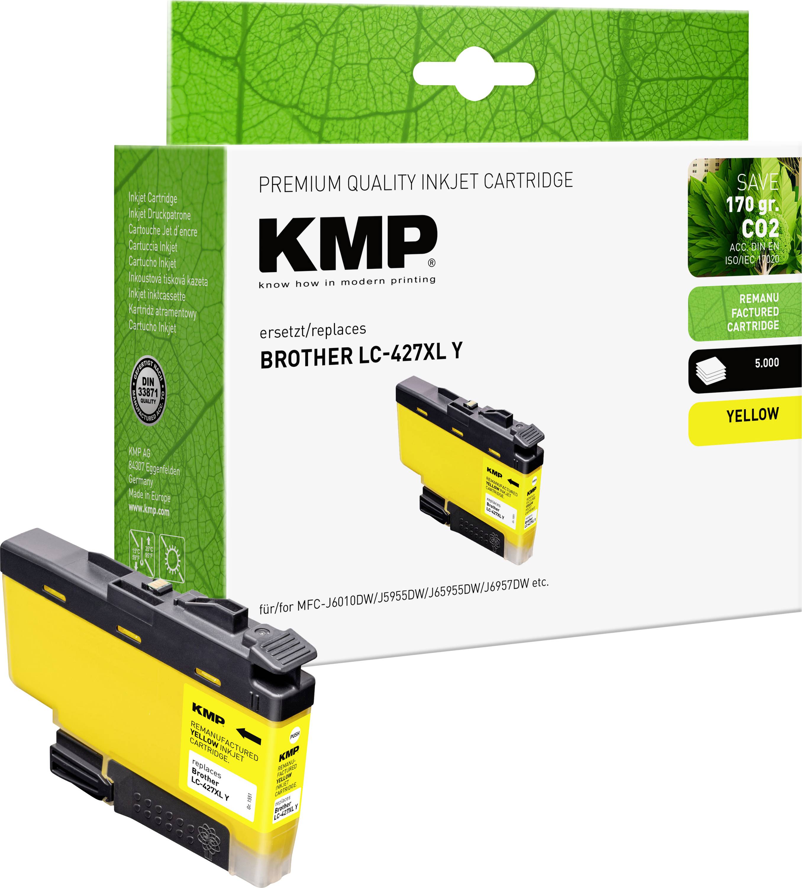 Prémiový žlutý inkoustový cartridge KMP pro Brother LC-427XL Y, s cartridge znázorněným vpředu.