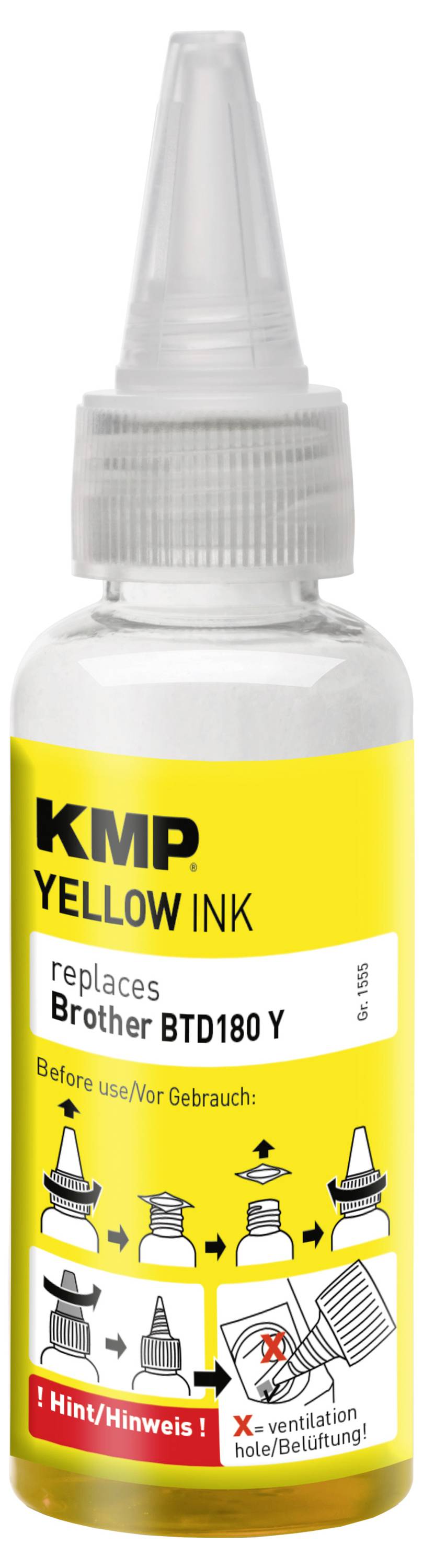 Lahvička s žlutým inkorustem KMP s průhledným uzávěrem a žlutým štítkem s nápisem „KMP YELLOW INK" a „nahrazuje Brother BTD180 Y" pro tiskárnu.