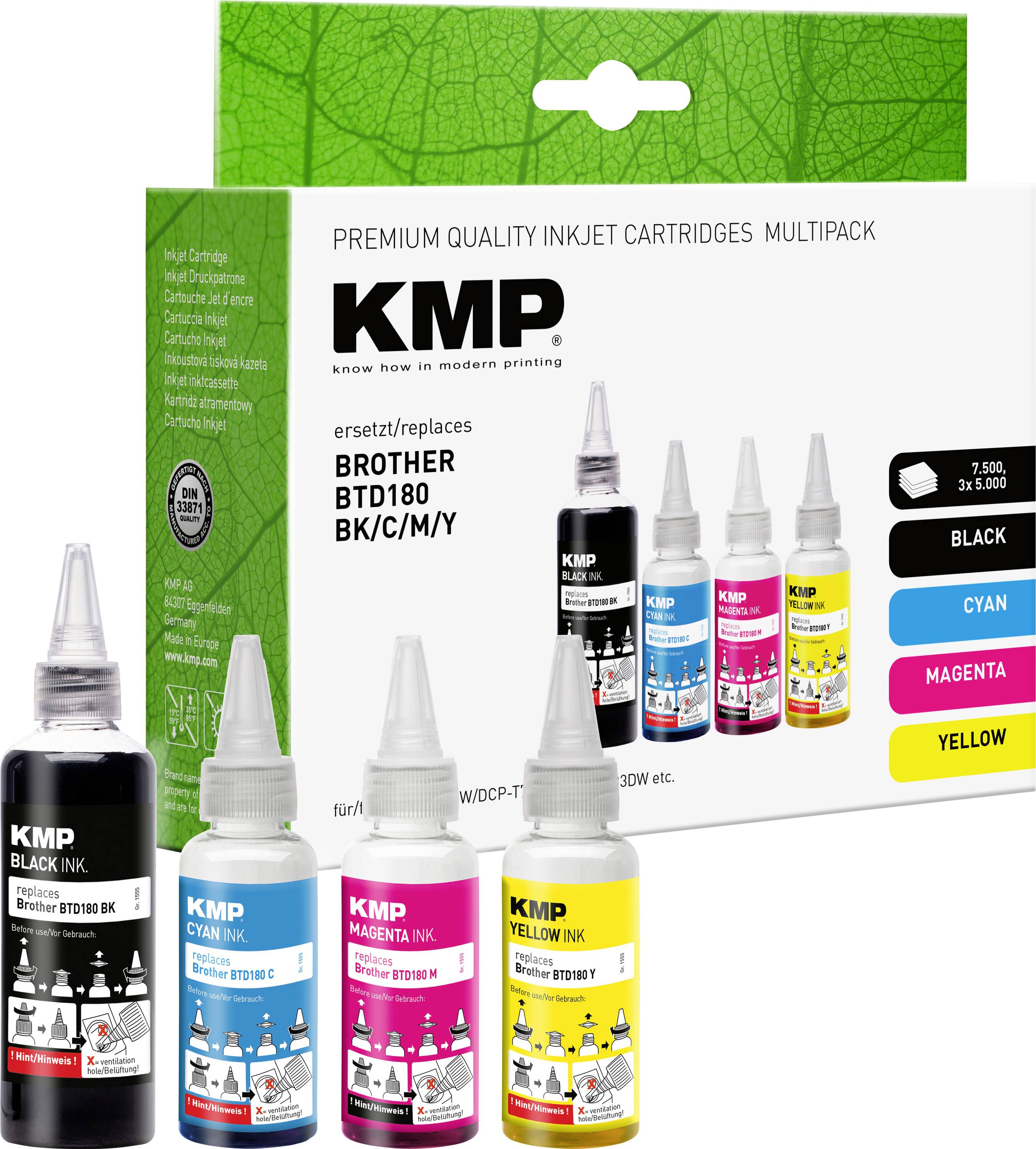 KMP prémiová inkoustová náplň multipack pro Brother BTD180, zobrazující černou, azurovou, purpurovou a žlutou náhradní lahvičky s inkoustem a balení.