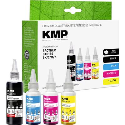 KMP prémiová inkoustová náplň multipack pro Brother BTD180, zobrazující černou, azurovou, purpurovou a žlutou náhradní lahvičky s inkoustem a balení.