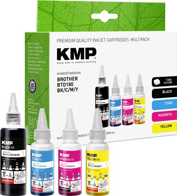 KMP Ink refill náhradní Brother BTD180BK, BTD180C, BTD180M, BTD180Y kompatibilní kombinované balení černá, azurová, purppurová, žlutá 110 ml, 50 ml, 50 ml, 50 ml 1555,0005 1555,0005