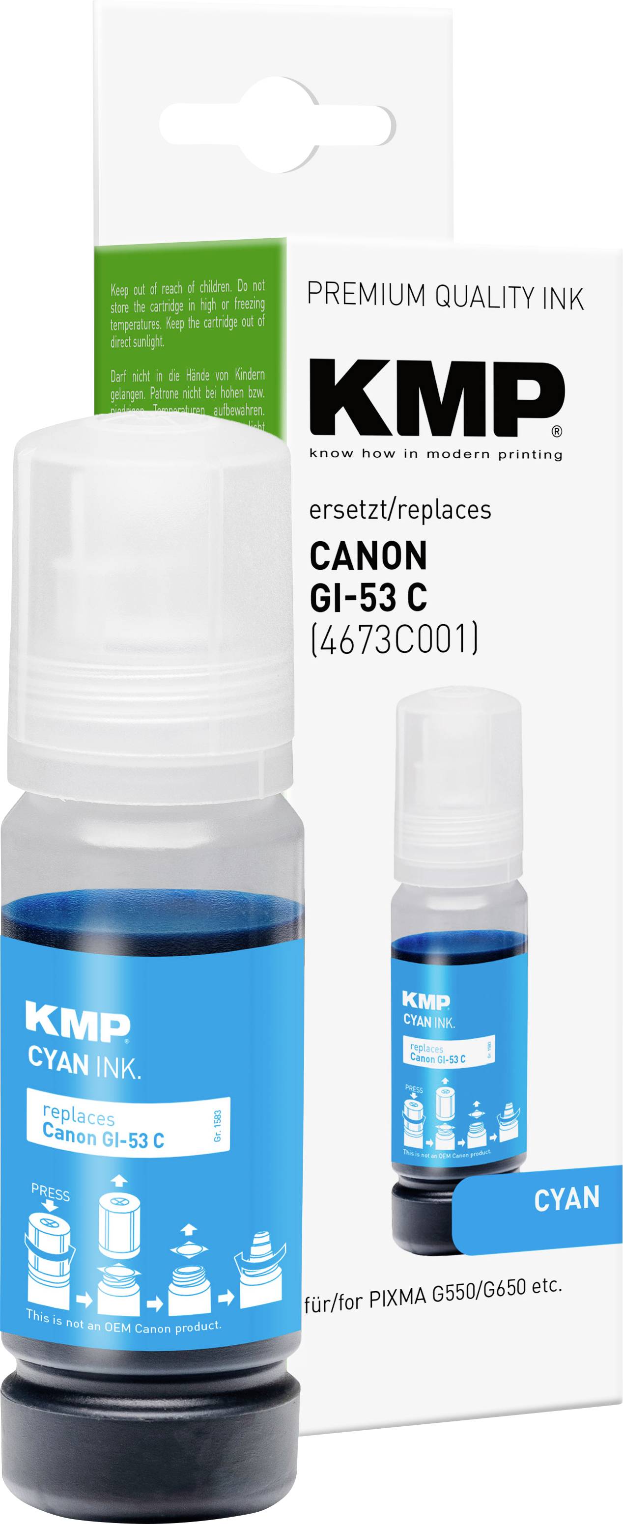 Lahvička s inkoustem KMP v barvě azurová a krabička, označené "prémiový kvalitní inkoust" a "Canon GI-53 C", pro tiskárny PIXMA G550/G650.