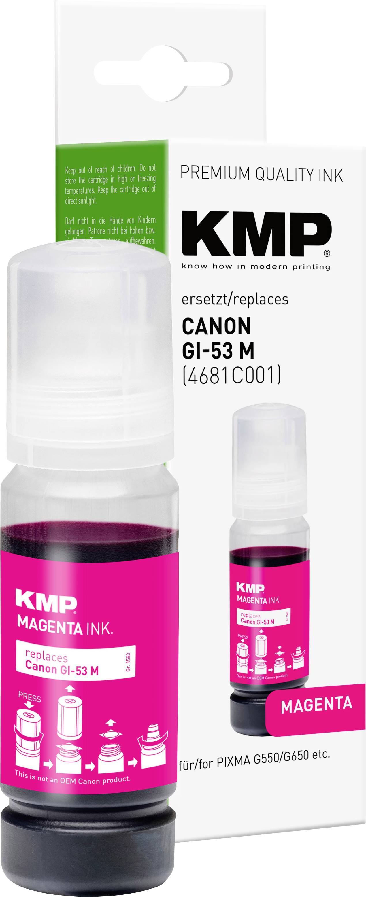 Láhev inkoustu KMP purpurová a krabice pro Canon GI-53 M, označená jako prémiový kvalitní inkoust a náhrada za Canon GI-53 M (4681C001).