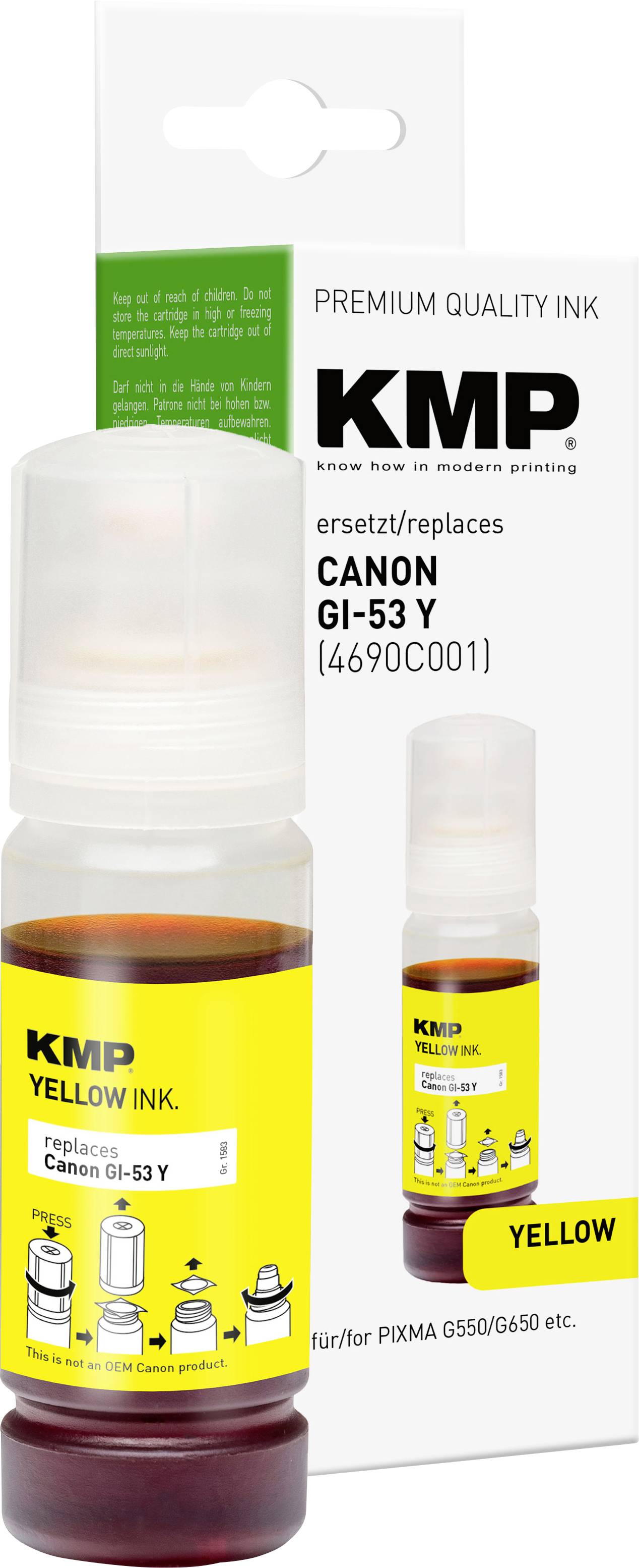 Lahvička s žlutým inkoustem KMP pro Canon GI-53 Y, zobrazená s obalem označeným "Premium quality ink" (Inkoust prémiové kvality) a "YELLOW" (ŽLUTÁ).