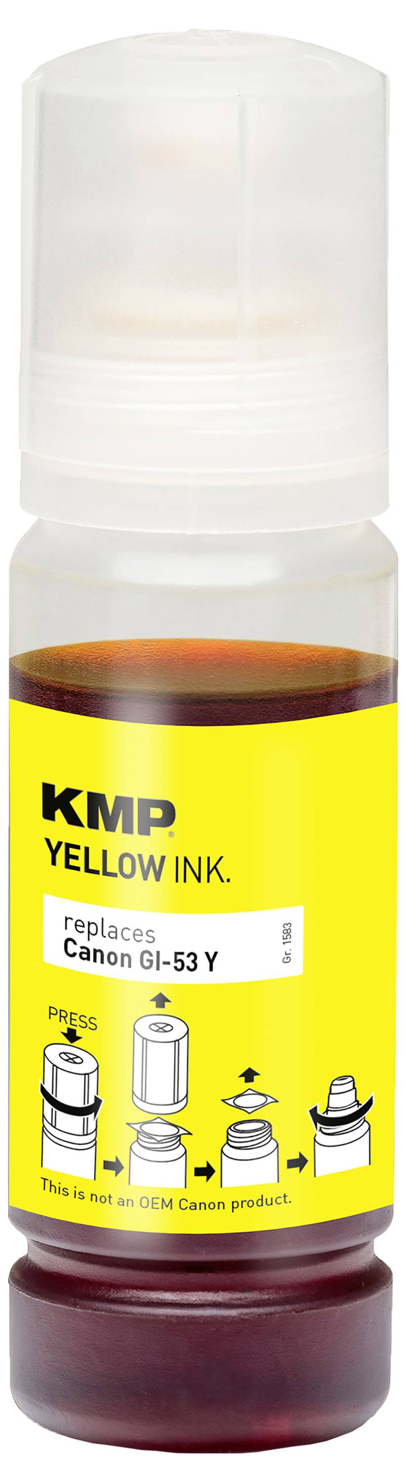 Lahvička žlutého inkoustu KMP s označením „YELLOW INK" určená k náhradě originálního tiskařského inkoustu Canon GI-53 Y.