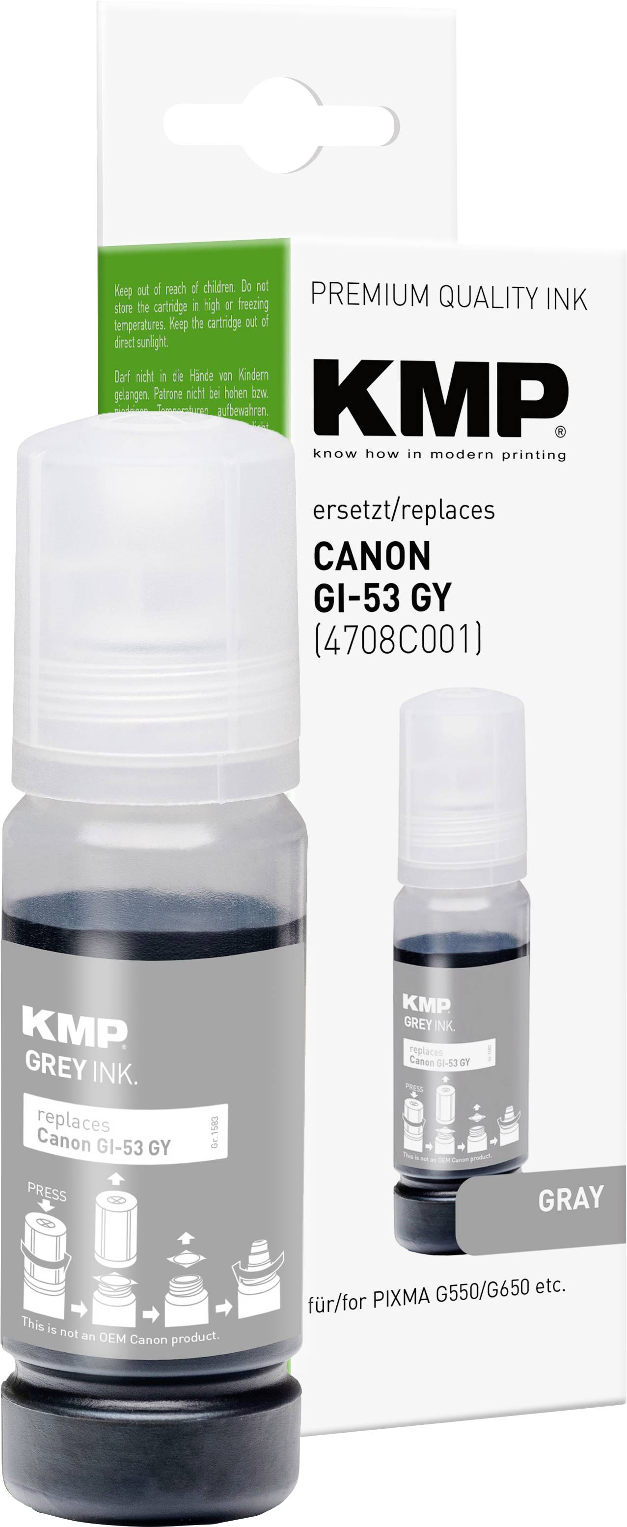 Láhev prémiového kvality šedého inkoustu KMP a krabice pro náhradní inkoust Canon GI-53 GY, zobrazena s originálním balením produktu.
