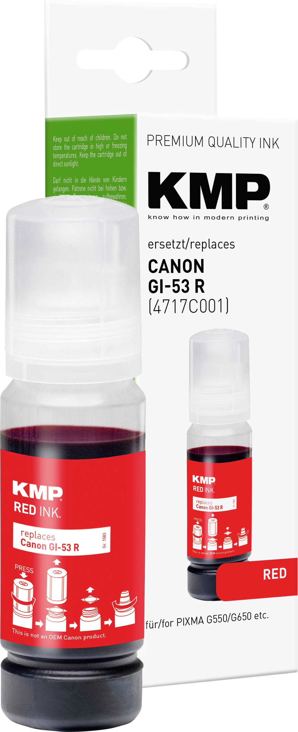 Láhev kvalitního červeného inkoustu KMP pro Canon GI-53 R, zobrazená s originálním obalem produktu.