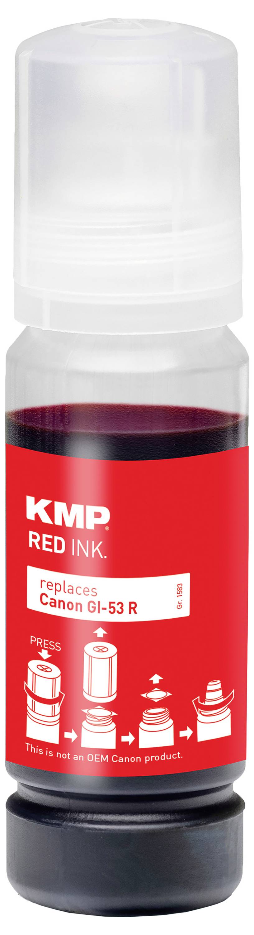 Lahvička s červeným inkoustem s označením KMP RED INK pro Canon GI-53 R s pokyny a ikonami kompatibility na štítku.
