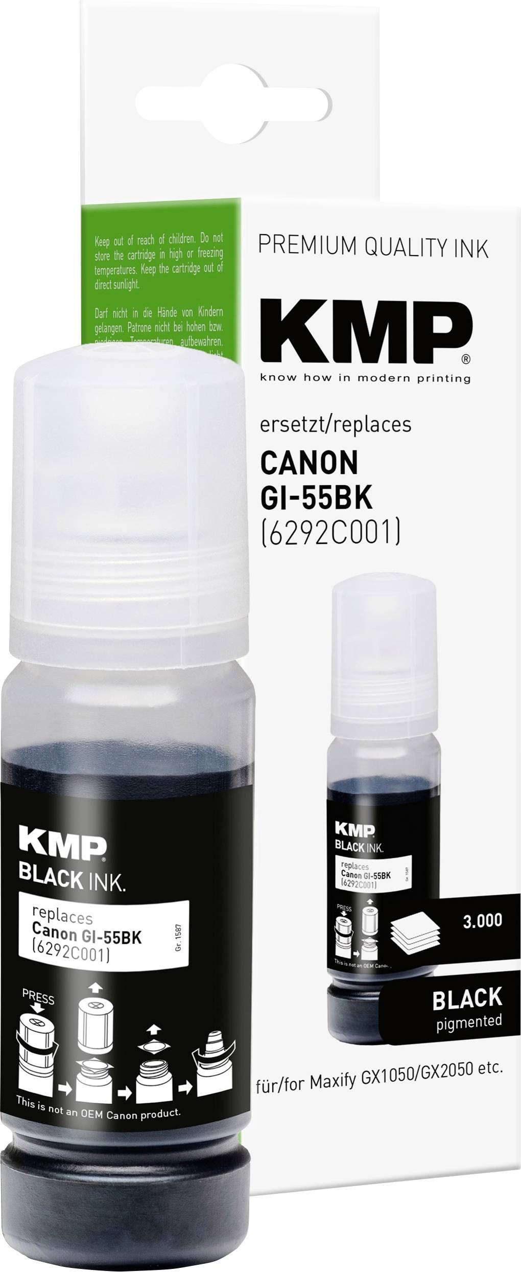 Lahvička inkoustomu KMP, černá, a její balení pro tiskárnu Canon GI-55BK, zobrazeny jako prémiový náhradní/doplňovací produkt.