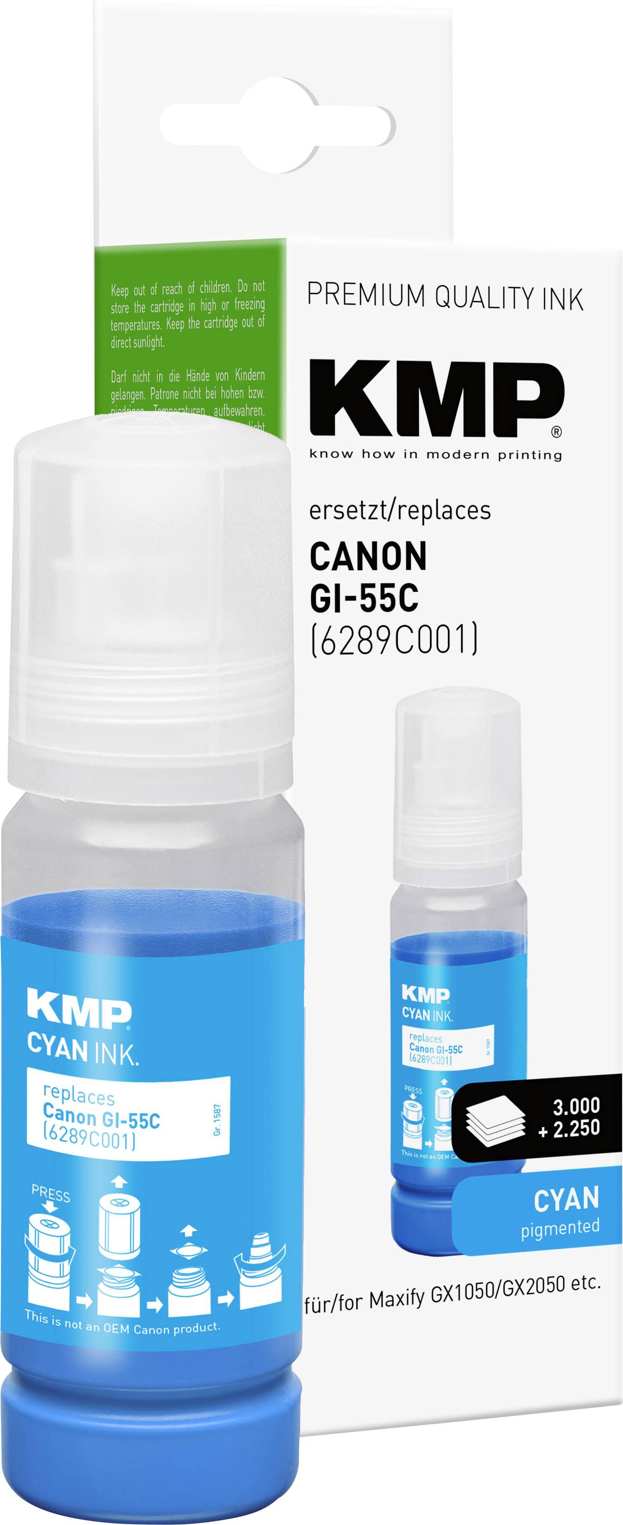 KMP azurová tiskárna lahvička inkoustu s krabicí, označená jako náhradní inkoust Canon GI-55C, zobrazená v obalu produktu.