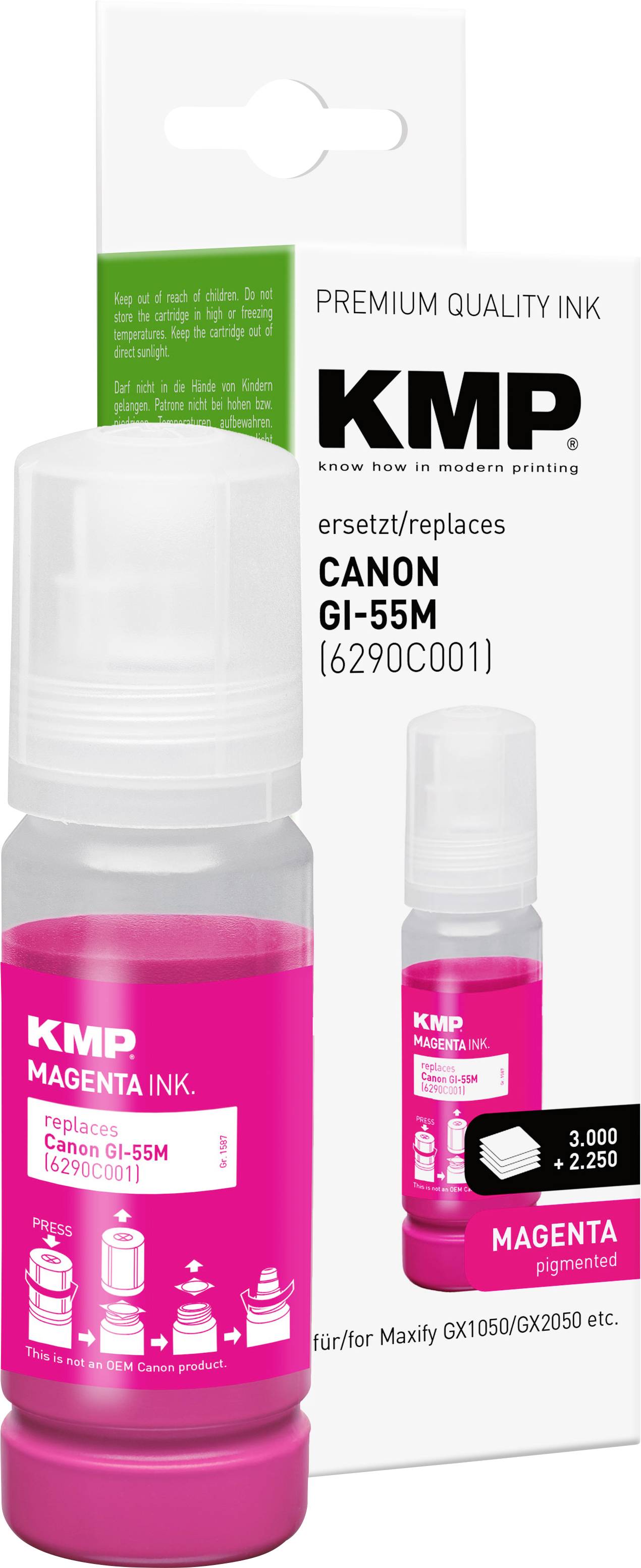 Láhev inkoustu KMP purpurové barvy pro tiskárnu a krabice označená jako "CANON GI-55M" a "kompatibilní/náhrada", zobrazená jako inkoust prémiové kvality.