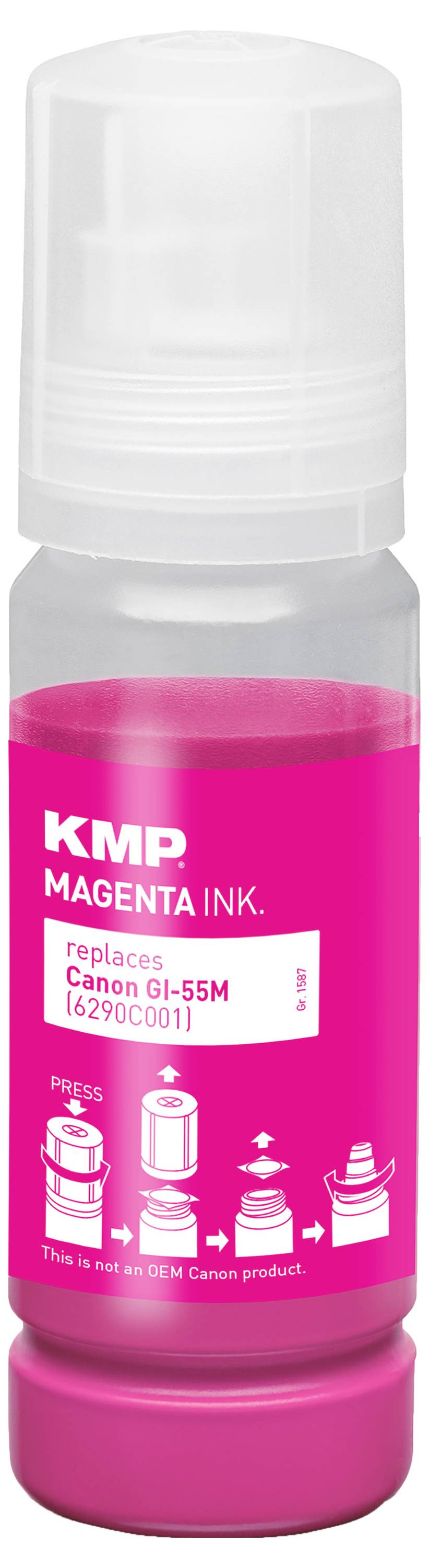 Lahvička purpurového inkoustu KMP pro tiskárny Canon se štítkem "nahrazuje Canon GI-55M / 6290C001", s růžovým uzávěrem a štítkem.