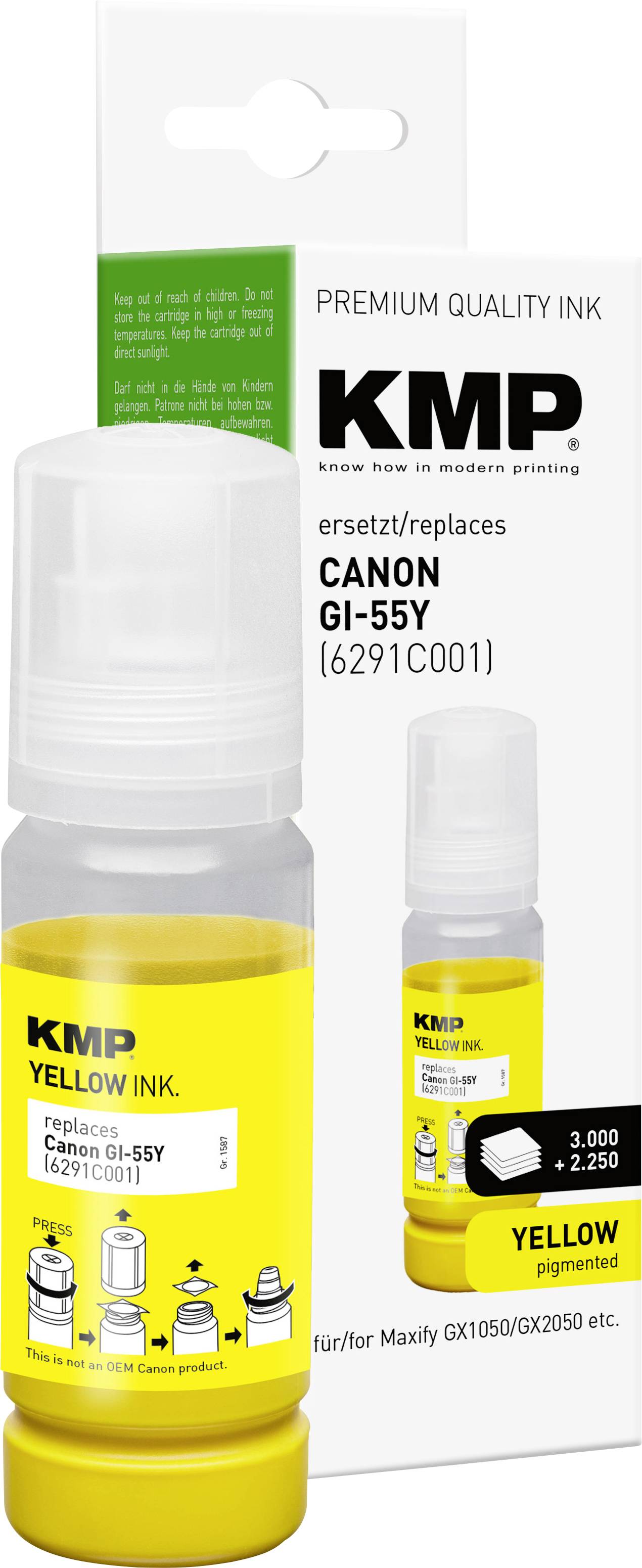 Lahvička se žlutým inkoustem na doplnění pro tiskárnu KMP a balení pro Canon GI-55Y, označená jako prémiový kvalitní inkoust a náhrada za Canon GI-55Y.