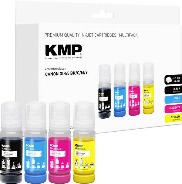 KMP Ink refill náhradní Canon GI55BK (6292C001), GI55C (6289C001), GI55M (6290C001), GI55Y (6291C001) kompatibilní kombinované balení černá, azurová, purppurová, žlutá 70 ml, 70 ml, 70 ml, 70 ml 1587,0005 1587,0005