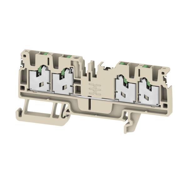Řez beige elektrickým svorkovnicí se čtyřmi přípojnými pozicemi s pružinovými svorek, s viditelným vnitřním kontaktem a montážní základnou.