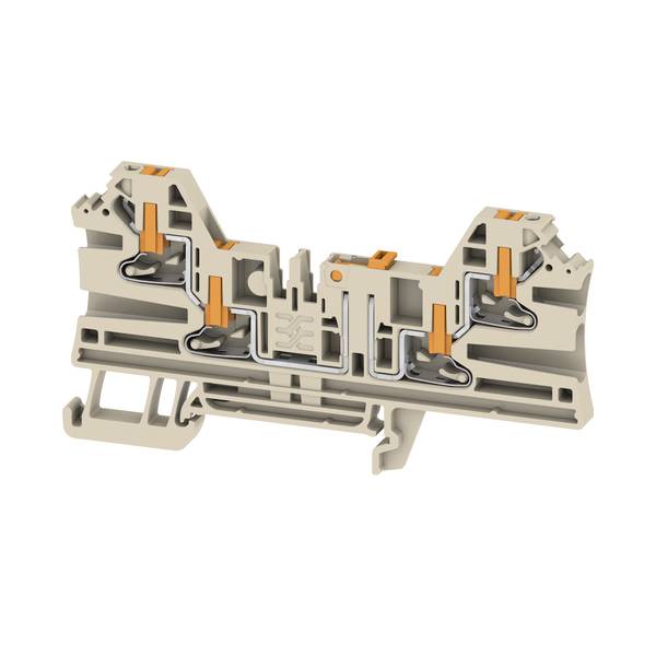 3D řez elektrickým svorek beige barvy, který znázorňuje vnitřní kovové kontakty a oranžové upínacie mechanismy na bílém pozadí.