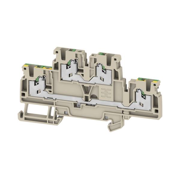 Řez beige elektrického svorkovnice ukazující vícenásobná připojení drátů se pružinou uvnitř modulárního konektoru.