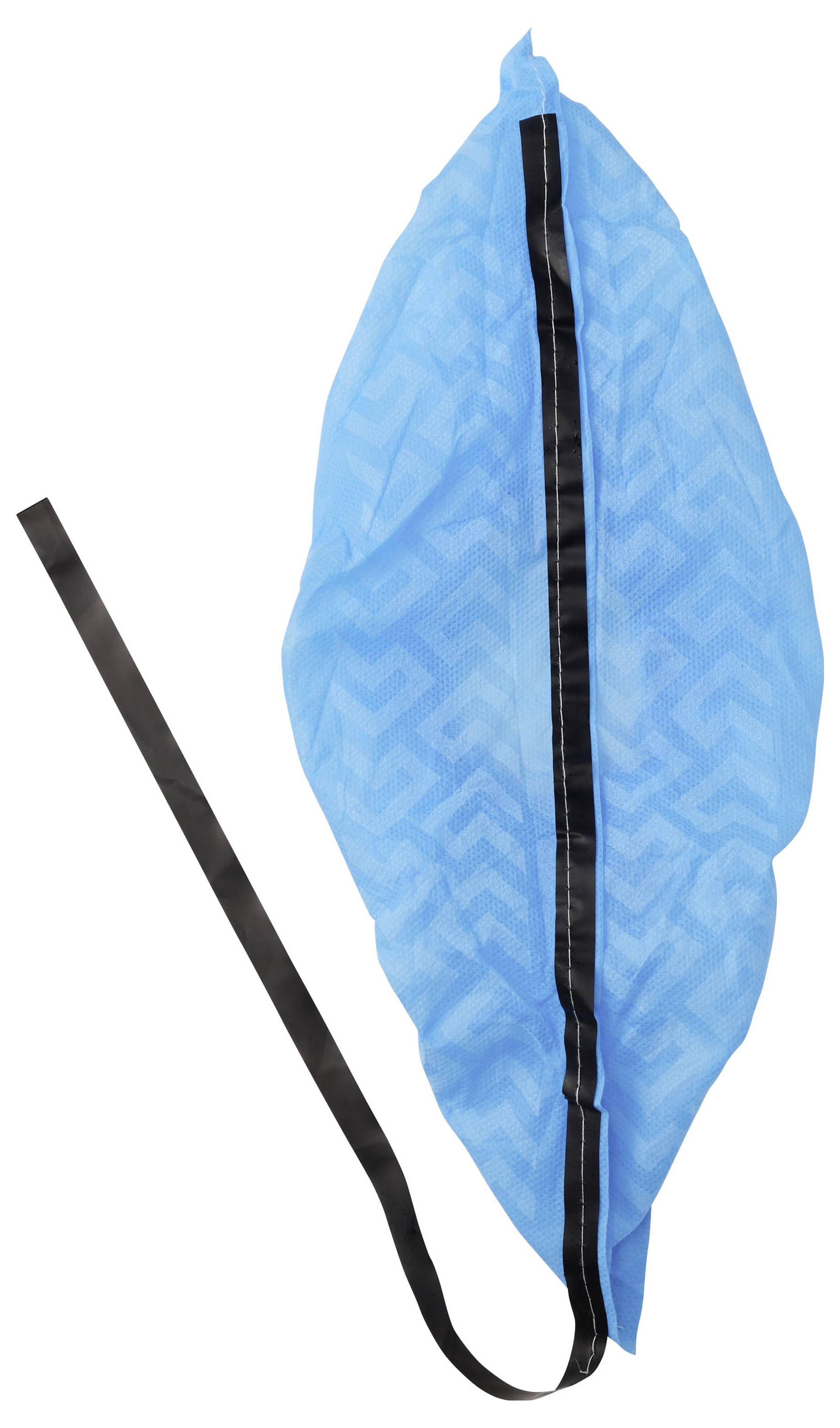 Modrý jednorázový návlek na botu s černým elastickým páskem zobrazený vedle něj na bílém pozadí.