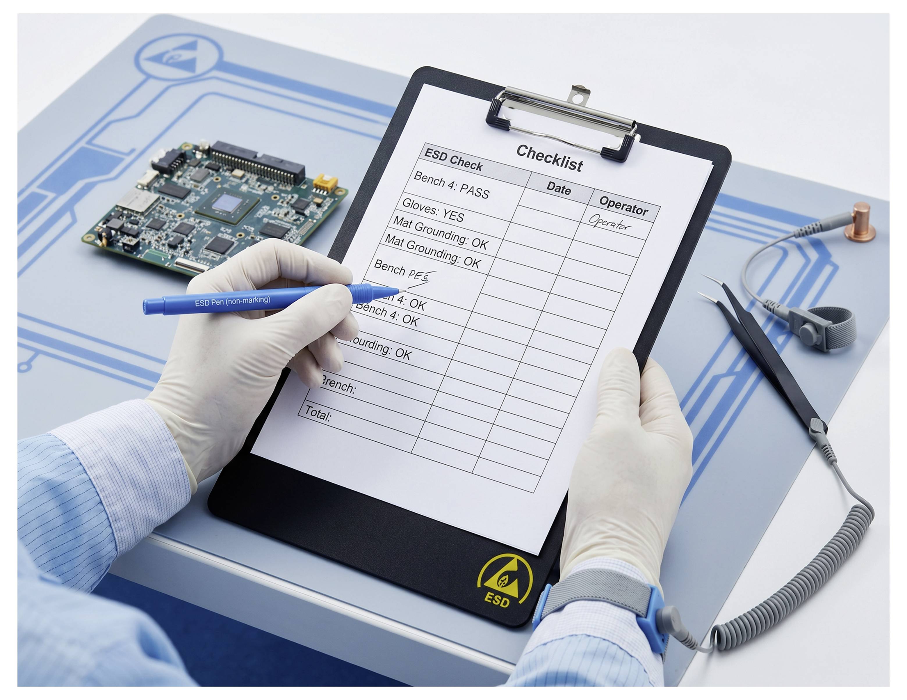 Technik v rukavicích vyplňující kontrolní seznam ESD během inspekce desky plošných spojů na uzemnění pracovní podložce v elektronické pracovně.
