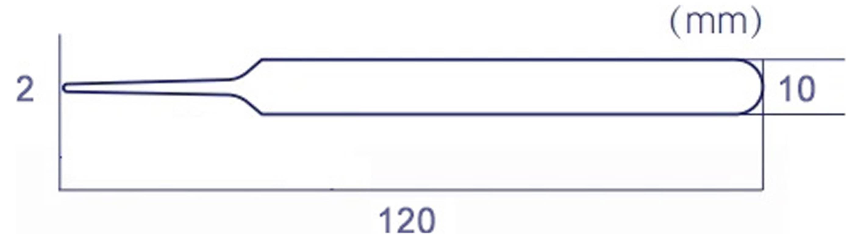 Diagram mikrometru: tenký nástroj o délce 120 mm, s levým koncem označeným 2 a pravým koncem označeným 10 mm.