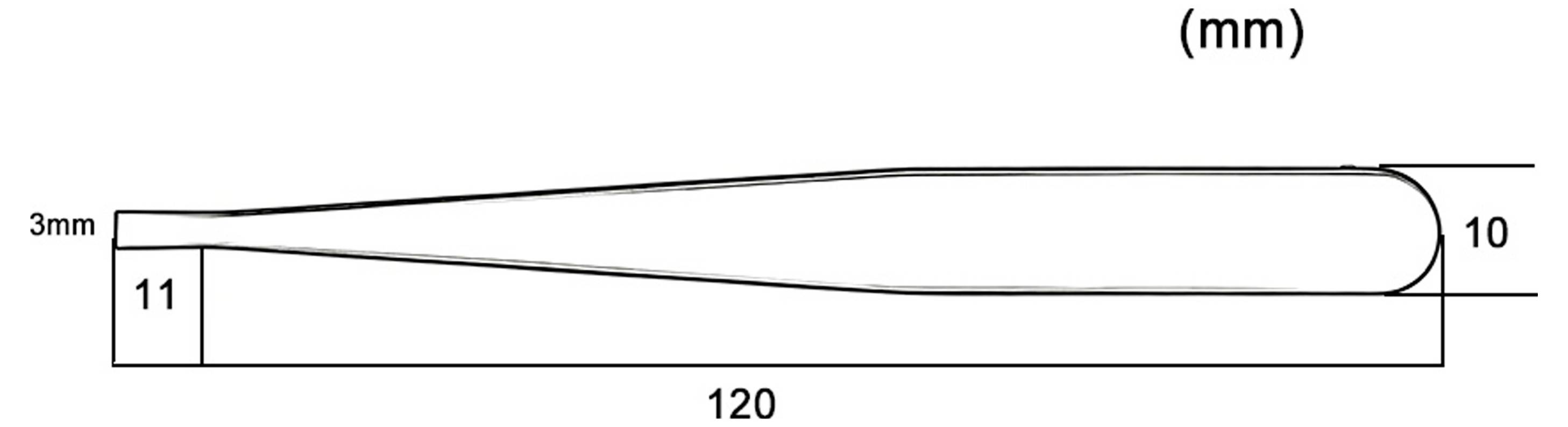 Boční pohled diagramu kuželového nástroje nebo čepele s délkou 120 mm, šířkou 11 mm na levém konci, 10 mm na pravém konci a maximální tloušťkou 3 mm.