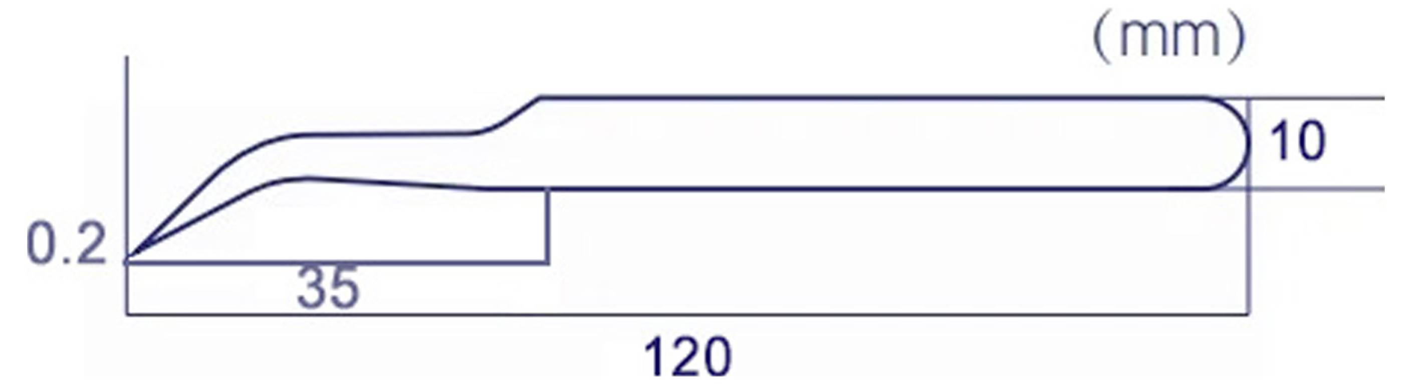 Technická výkres tvaru podobného čepeli, ukazující rozměry 120 mm celková délka, 35 mm délka sekce, 0,2 mm tloušťka a 10 mm šířka konce.