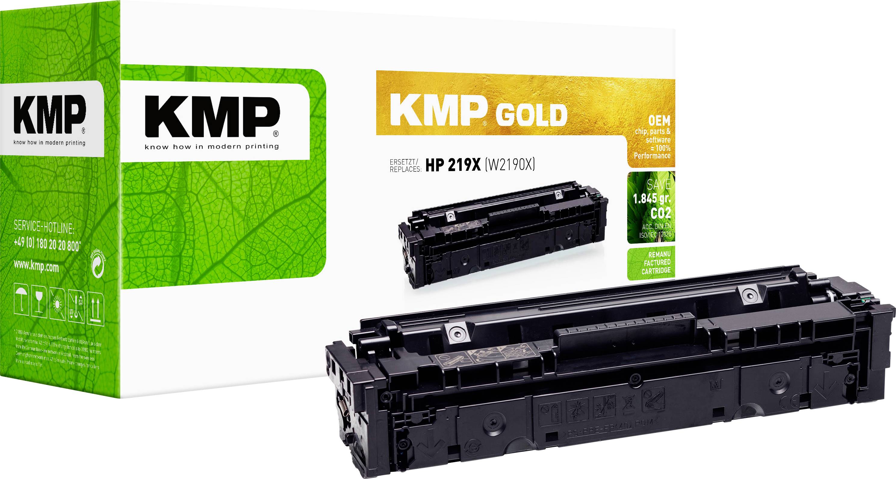 Obal toneru KMP zobrazující cartridge kompatibilního toneru KMP GOLD HP 219X v černé barvě na bílém pozadí.