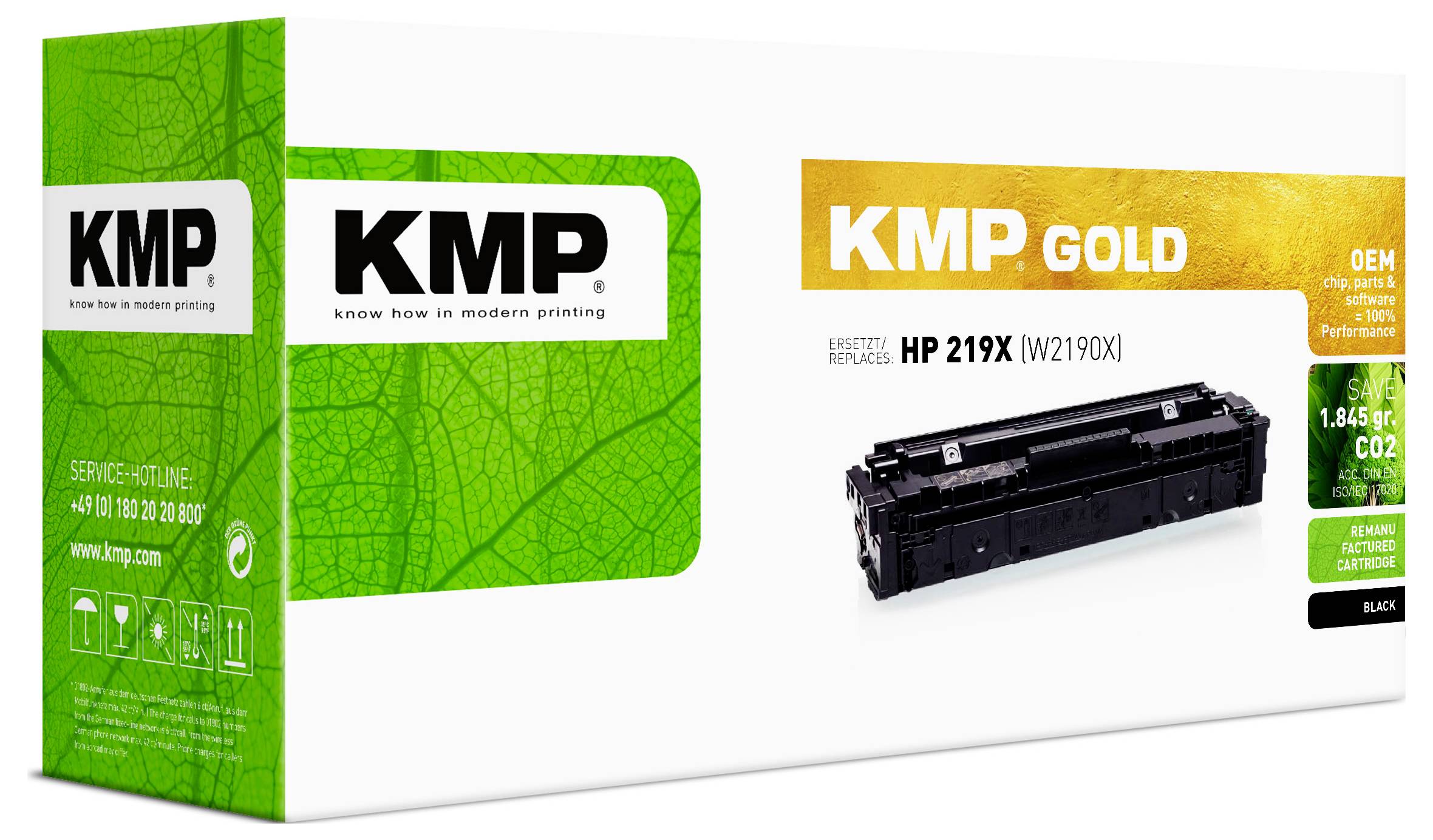 Obchodní balení tiskové kazety KMP Gold, zobrazené jako prodejní krabice pro černý toner HP 219X (W2190X), s zeleným značením KMP.