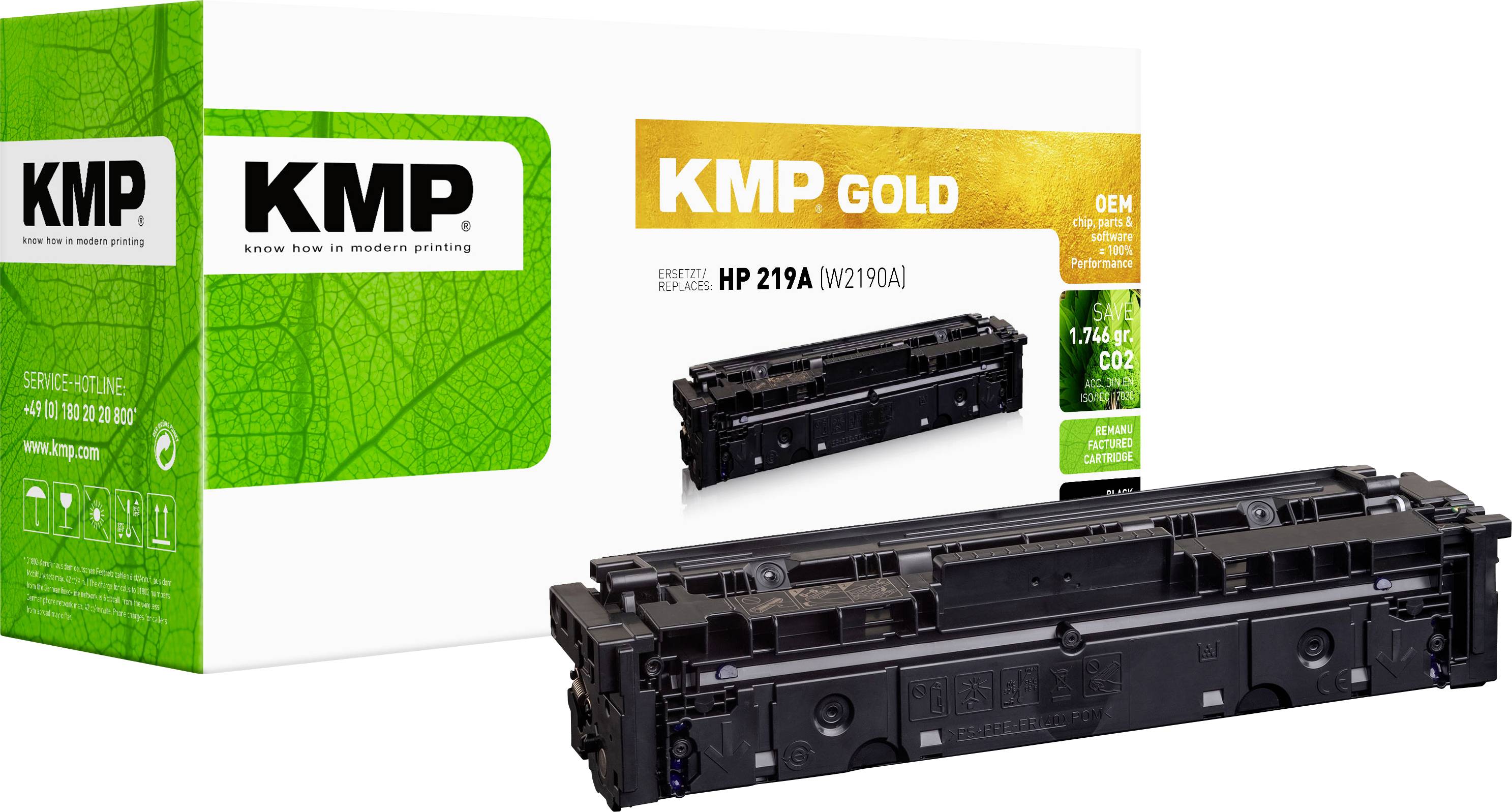 KMP Gold HP 219A cartridge s černým tonerem, zobrazený s cartridge v popředí na bílém pozadí.
