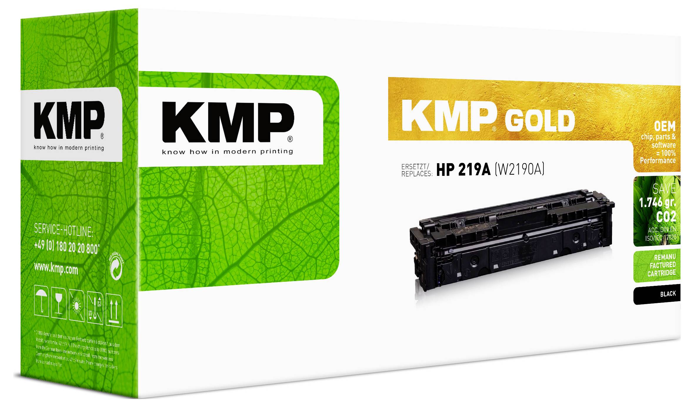 Originální balení toneru KMP pro tiskárnu, zobrazující černou kartuš HP 219A (W2190A) s náhradou značky KMP Gold.