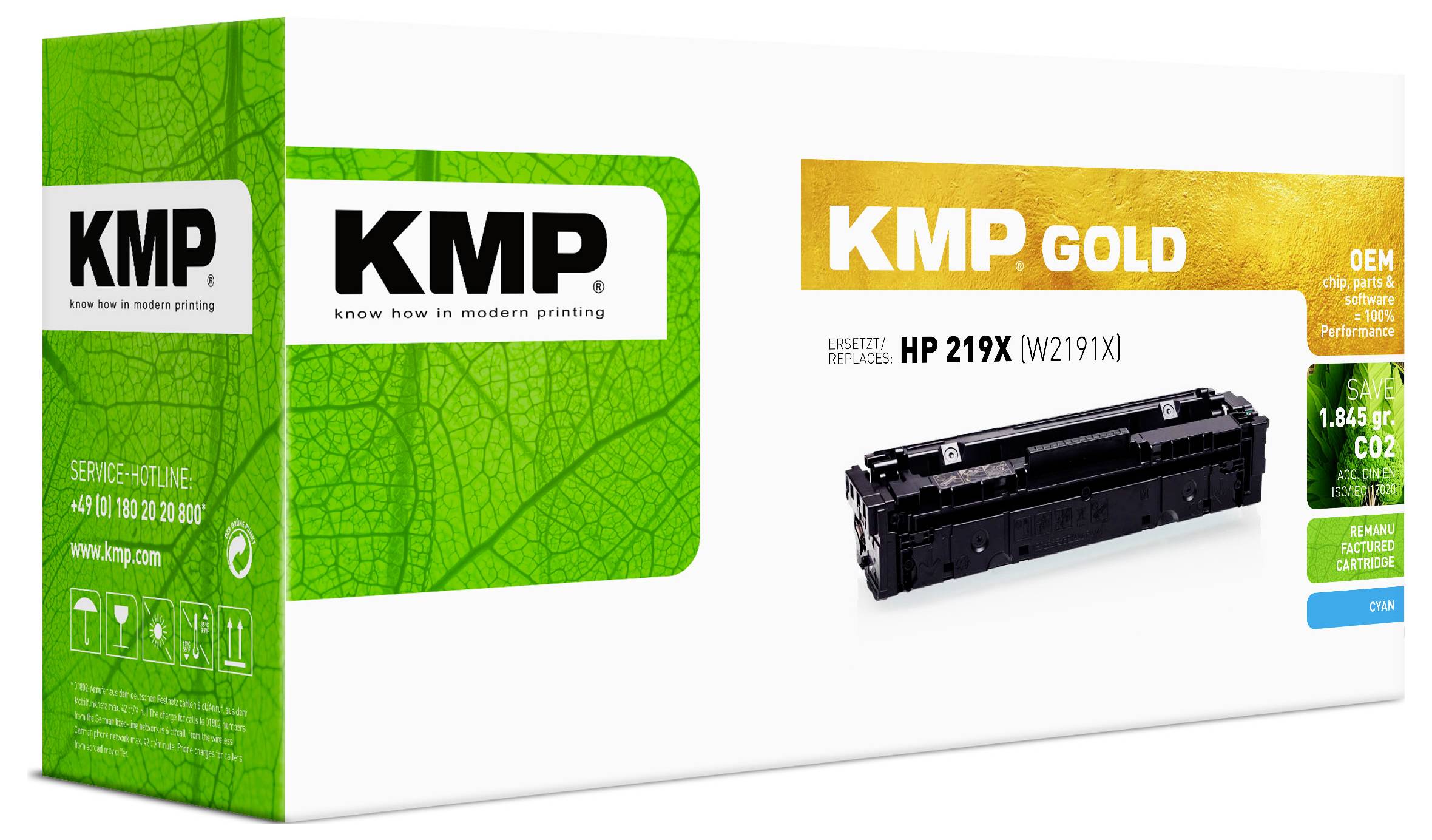 Toner KMP Gold pro tiskárnu HP 219X (W2191X), zobrazený v zelené KMP krabici s obrázkem tonerové kazety.