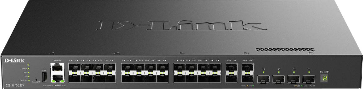 Přední pohled na síťový přepínač D-Link s 24 porty Ethernet a stavovými indikátory na černém rackovém zařízení.