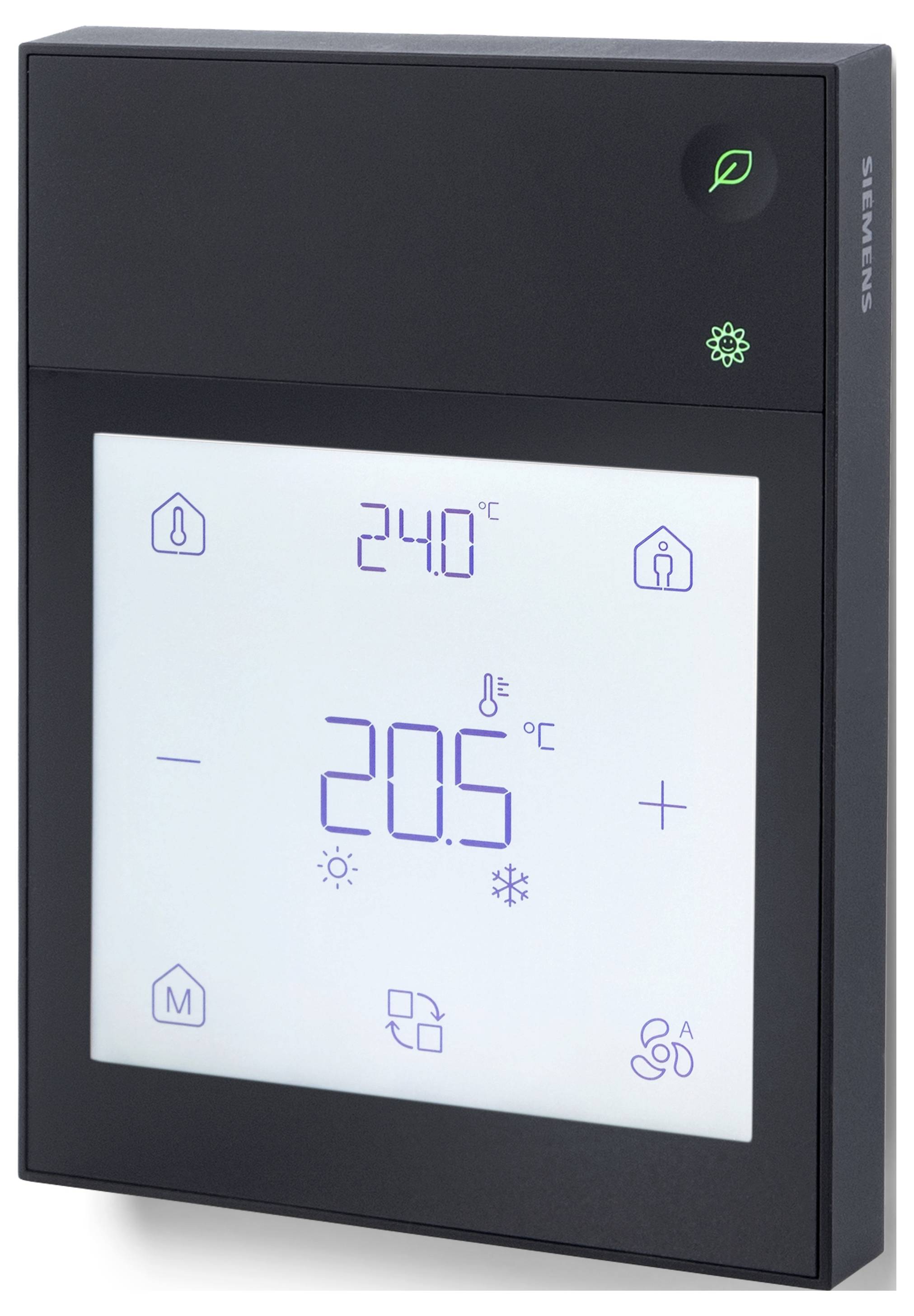 Nástěnný digitální termostat zobrazující nastavenou teplotu 20,5 °C a pokojovou teplotu 24,0 °C s ikonami ekomodusu, ventilátoru a režimu.