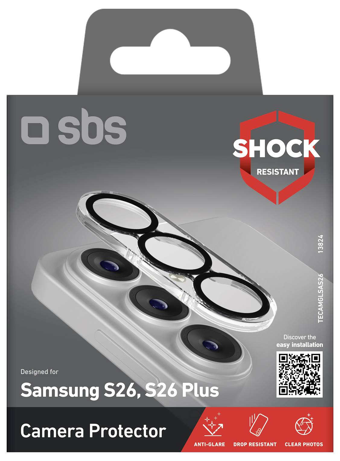 Ochranný kryt fotoaparátu odolný proti šokům SBS pro Samsung S26 a S26 Plus s funkcí proti odlesku, odolností vůči pádu, funkcí čistých fotografií a QR kódem